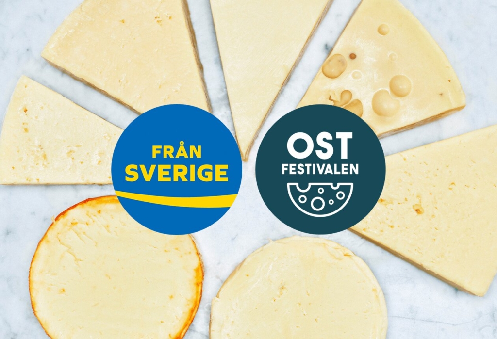 Bild på ostar sett ovanifrån och med logotyper för Från Sverige och Ostfestivalen
